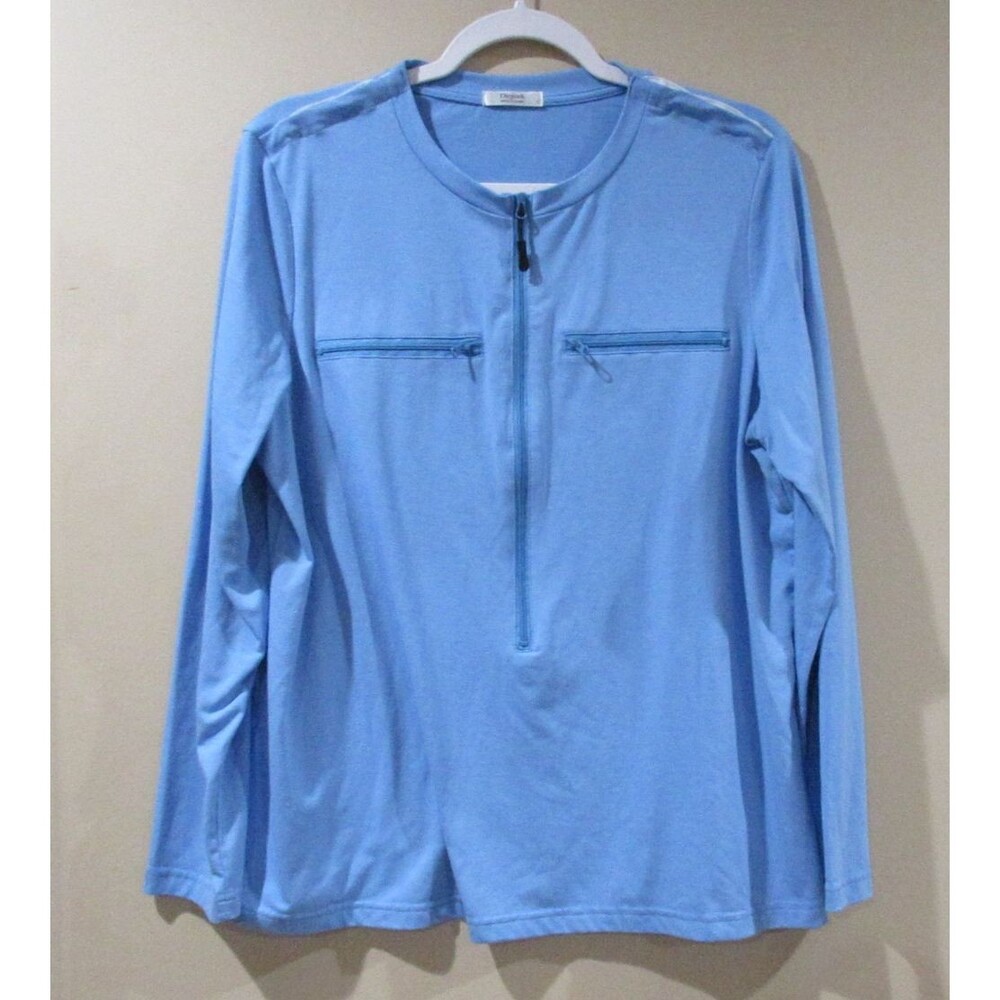 Deyeek Adaptive Blouse Women Lg Blue 3/4 Zip +Shoulder Snaps Post Surgery